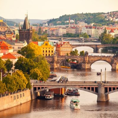 aerial view of the Old Town pier architecture and Charles Bridge over Vltava river in Prague, Czech Republic