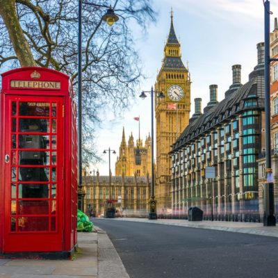 Iconic ret British telephone booth, Big Ben in the back ground
